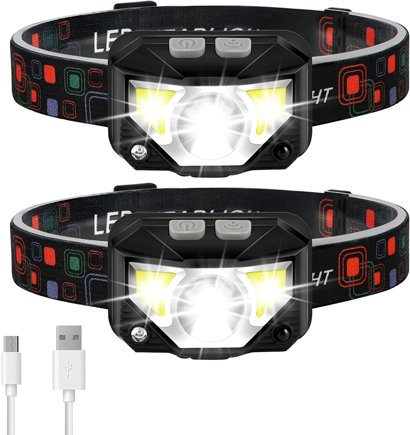 LED Head Lamp, 2 Pack Motion Sensor Headlamp, 60°Tilt Rechargeable Flashlight Headlamps with 6 Modes