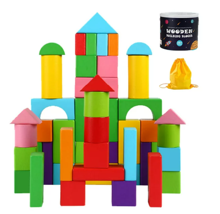 100 Pieces Wooden Building Blocks, Wooden Blocks for Toddlers with Storage Box Bag