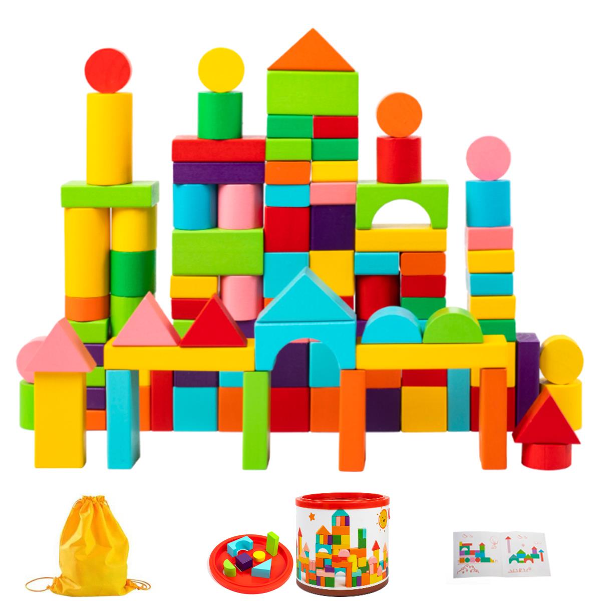 100 Pieces Wooden Blocks for Toddler, Multi-Colore Wooden Building Blocks