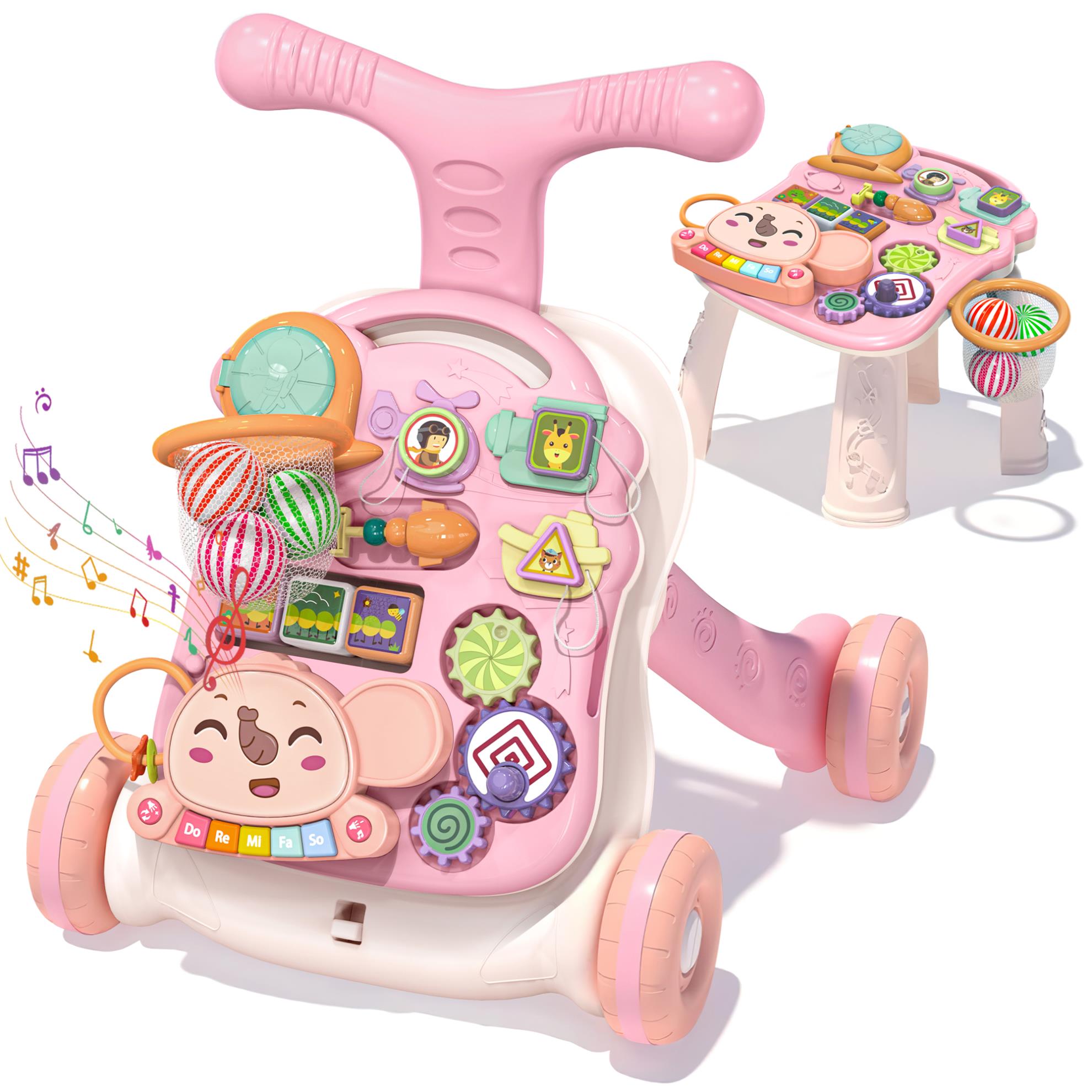 3 in 1 Baby Musical Walker for Baby Girl, Pink Baby Activity Center, Toddler Learning Table