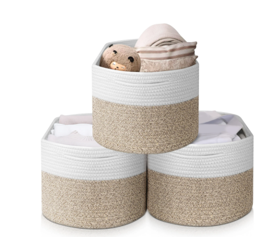 Woven Baskets for Storage, 3 Pack 22L Cotton Rope Baskets for Organizing,