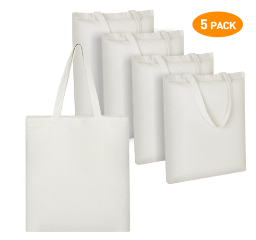 5 Pack Canvas Tote Bags, 15