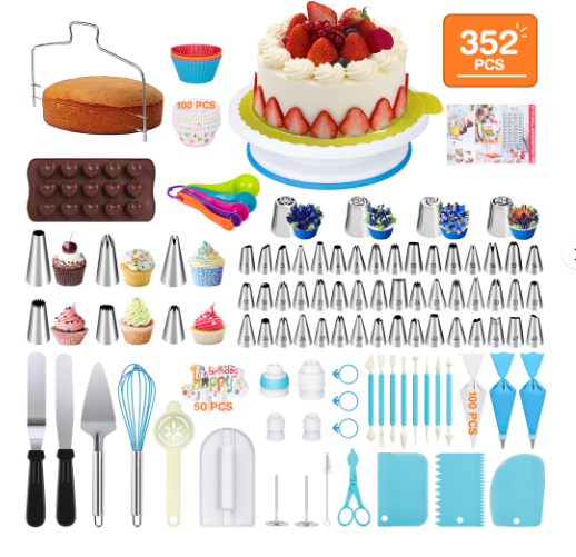 352 Pcs Cake Decorating Kit, Cake Baking Supplies with 48 Icing Tips,6 Korean Tips 4 Russian Tips