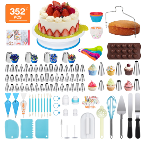 Cake Decorating Supplies Kit, 352 Pcs Cake Decorating Kit with 48 Numbered Piping & 6 Korean Tips