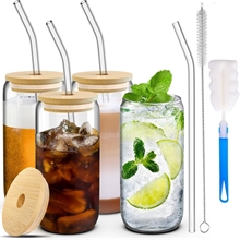 4 PCS Glass Cups with Bamboo Lids and Glass Straw Set, 16 OZ Can Shaped Glass Cups