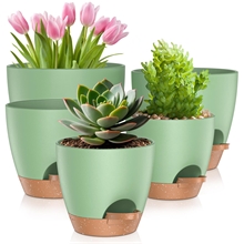 5 Pack Self Watering Plant Pots, Plastic Planters with Drainage Holes and Saucers