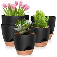 5 Pack Self Watering Plant Pots, Plastic Planters with Drainage Holes and Saucers