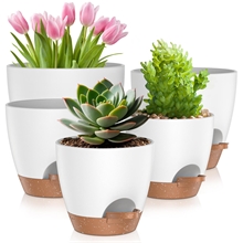 5 Pack Self Watering Plant Pots, Plastic Planters with Drainage Holes and Saucers